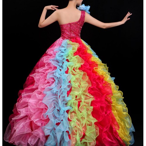 Women Rainbow singers stage perfomance  Dance Dresses petals opening dance chorus dress model show photos shooting dress for female